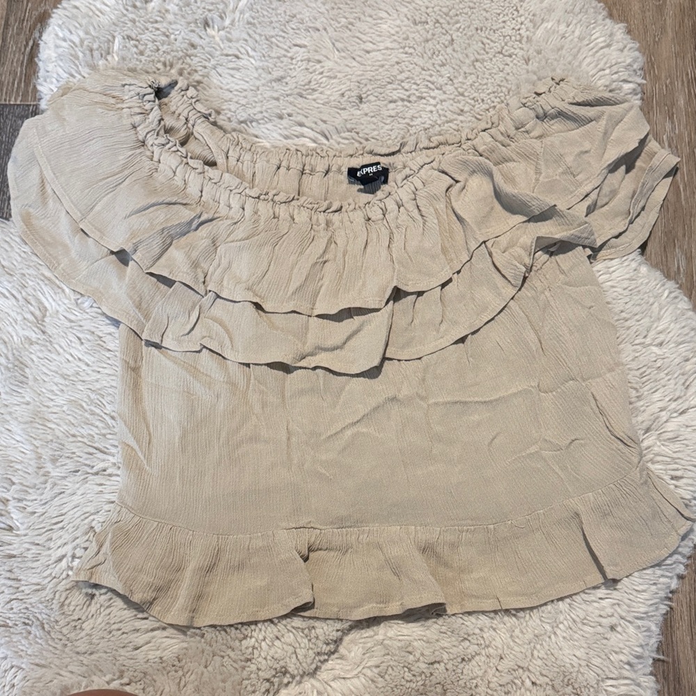 Express Beige Off-Shoulder Ruffle Blouse